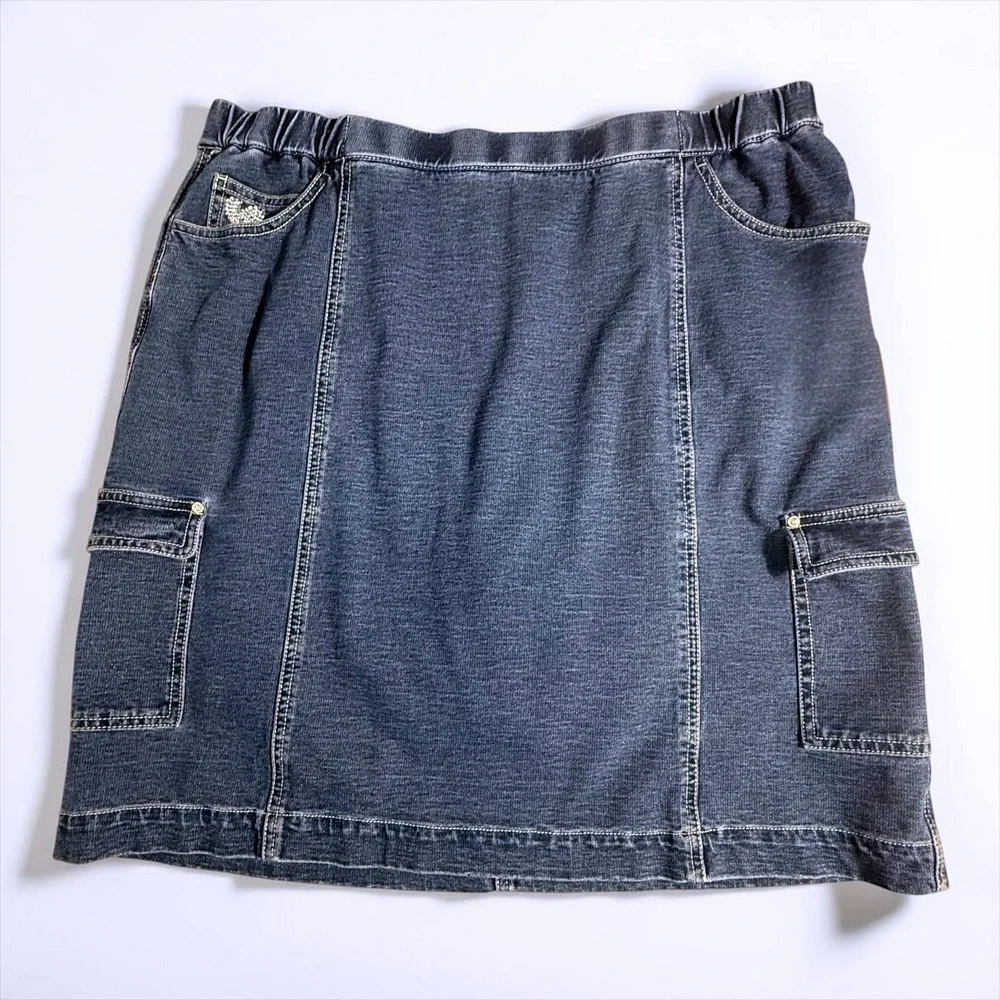 Quacker Factory DreamJeannes Blue Denim Cargo Skirt Rhinestone Heart Large